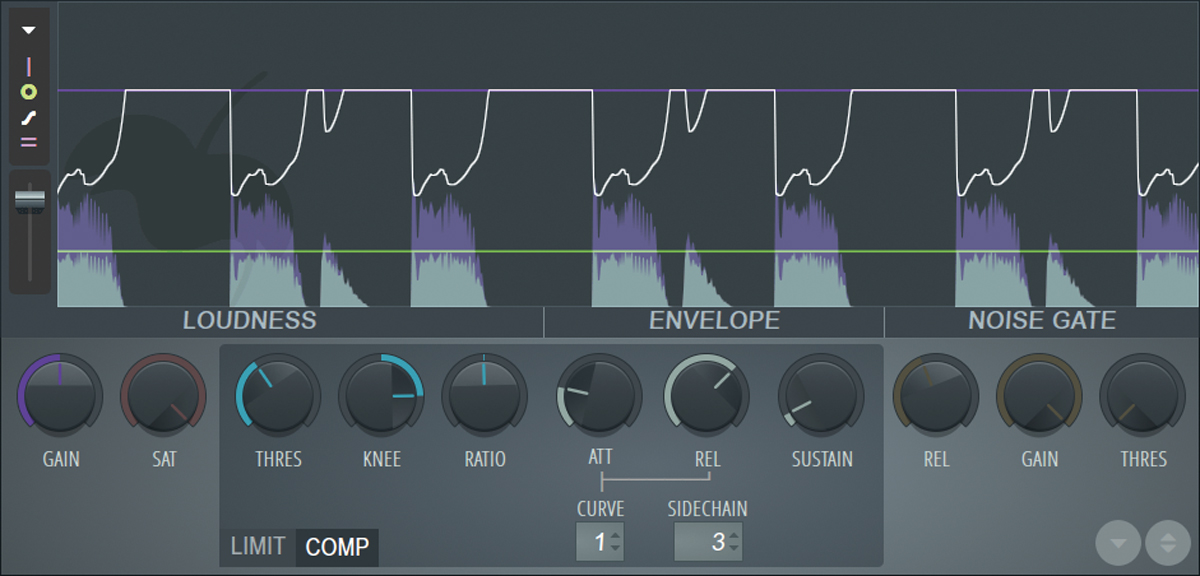 FL Studioに標準で搭載されているプラグイン、Fruity Limiter。左側に備わっているSAT（サチュレーション）ノブで、ソフトに倍音を付加することができる。Fruity LimiterはFL Studio 20 Signature（34,000円）、FL Studio 20 Producer（26,000円）、FL Studio 20 Fruity（16,000円）の全グレードで使用可能。ほかにもクロス・グレード版や解説本0バンドル版を用意しているので、詳しくは製品サイトをチェックしようhttps://hookup.co.jp/products/image-linesoftware/