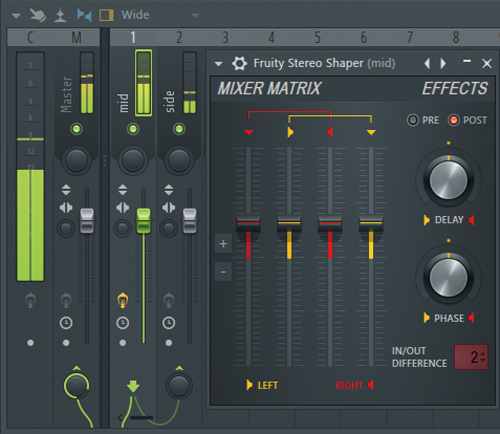  Fruity Stereo ShaperによるM/S 処理の一例。画面ではFruity Stereo Shaperをch1（mid）に挿したあと、プリセットの“Mid - aSide splitter”を選択。そしてch1を選択したままch2（side）最下部にあるノブの上の▲マークを右クリックして“Sidechain to this track”に設定。これでch1でmid、ch2でsideを処理できるようになる