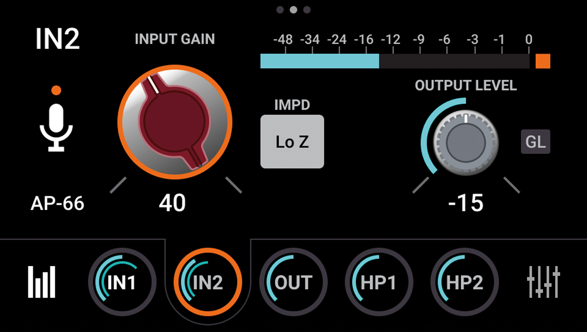  タッチ・パネルでのチャンネル設定画面。調整したいパラメーターをタッチし、エンコーダーを回すというシンプルな操作性だ。NEVE 1066とAMPEX 601のサウンドを再現するAlloyMic Preampエミュレーションが搭載されており、本体で設定が可能。選択したタイプによって表示されるインターフェースも変化する