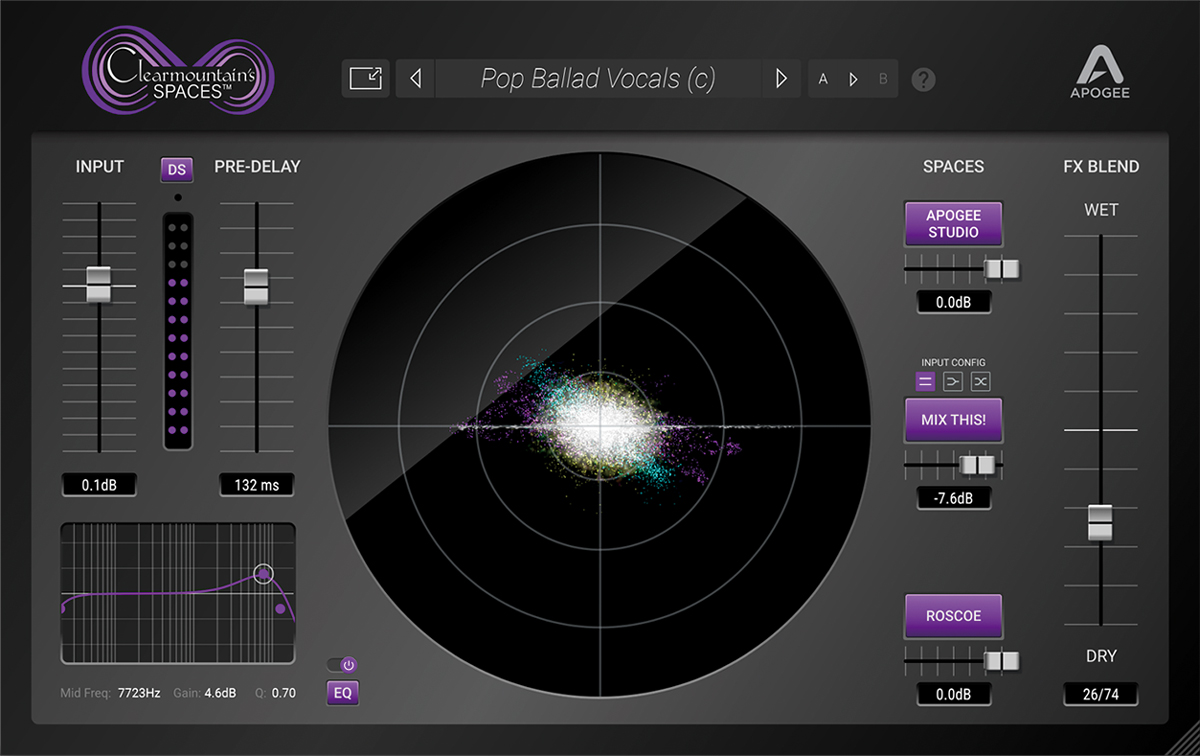  付属のApogee FXプラグインClearmountain's Spaceは、ボブ・クリアマウンテンのワークフローを再現するリバーブ。CPUネイティブ（AAX/AU/VST）でのみ動作する