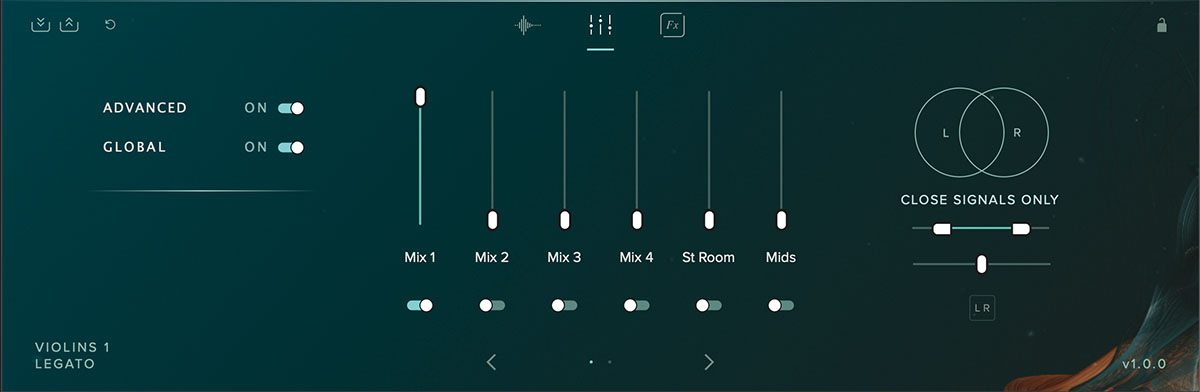 SPITFIRE AUDIO Spitfire Appassionata Strings ミキサーの画面。４種類のミックス済み音声のバランスを調整する