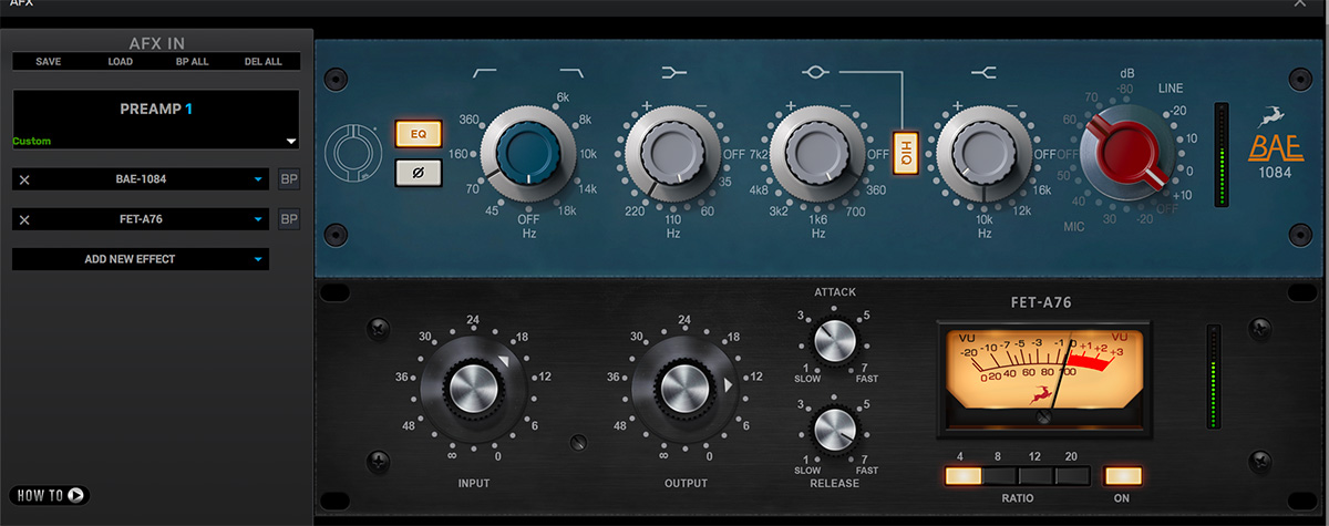 コントロール・パネルのAFX画面ではリアルタイム処理エフェクトSynergy Core FXの設定が行える。上段はプリアンプ／EQのBAE-1084で、下段はコンプのFET-A76。最大16chまでエフェクトを立ち上げることができ、EQやリバーブ、マイクプリ、ギター・アンプなど37種類のエフェクトが無償で付属する。そのほか、ANTELOPE AUDIOソフトウェア・ストアでは、追加購入可能な60種類以上のエフェクトも用意されている