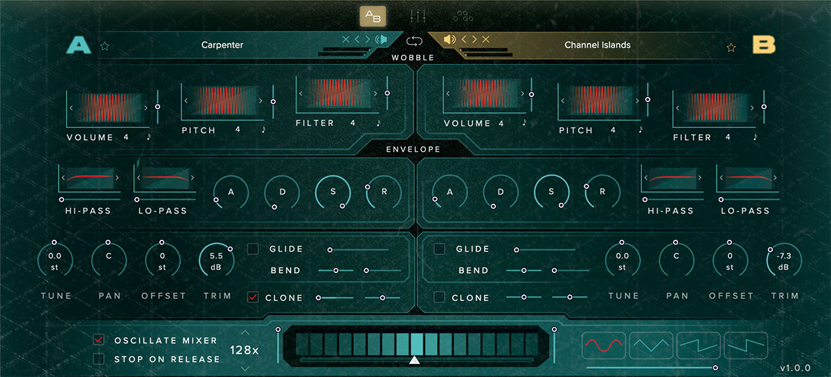 1つのプリセット音色はAとBの2つのオシレーターにアサインされた音素材で構成される。各音素材は音量、ピッチ、フィルター、エンベロープ・ジェネレーターなどで音作りが可能だ