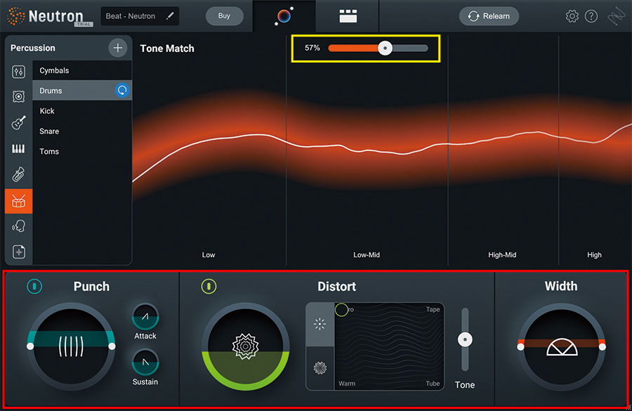 Assistant Viewのインテントコントロールを色付きの枠で示した。黄枠がTone Match、赤枠が左からPunch、Distort、Width