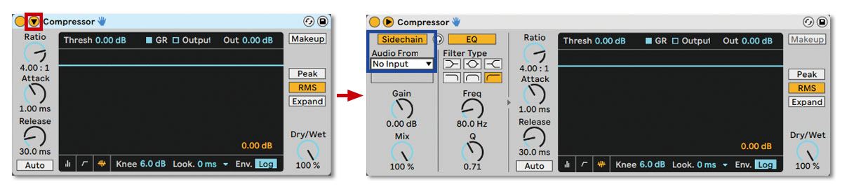 サイド・チェインに使うLive付属デバイスのCompressor。デバイス左上の▼ボタン（赤枠）を押してウィンドウを拡大後、Sidechainボタンをオンに。その下の“Audio From”タブからサイド・チェイン元となるトラックを選択する（青枠）