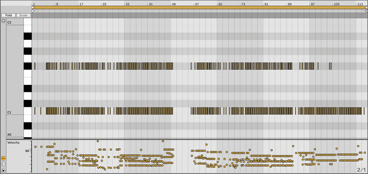 キックのMIDI変換結果。ここから、クローズ・ハイハット（F♯1）と認識された高域成分やベロシティのバラつきを調整していく