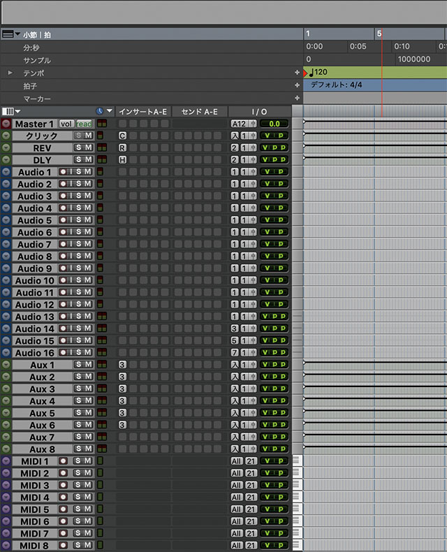 劇伴制作用のテンプレート。上からマスター、クリック、リバーブ、ディレイ、オーディオ、AUX、そしてMIDIの各トラックが並んでいる