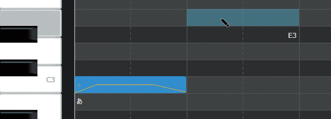 ピアノロール上で鉛筆ツールをクリックするとノートを入力できます。このノートは上下左右にドラッグすることで、ピッチやタイミングを調節可能です。ピッチカーブも自動的に生成されます。歌詞は、デフォルトでは“あ”が割り当てられています