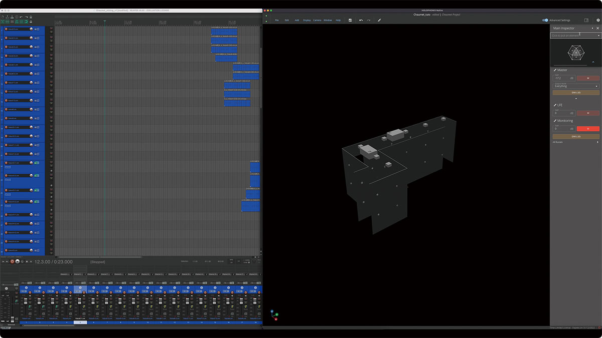 COCKOS Reaper（画面左）とAMADEUS Holophonix（同右）を使用した今回の作業画面