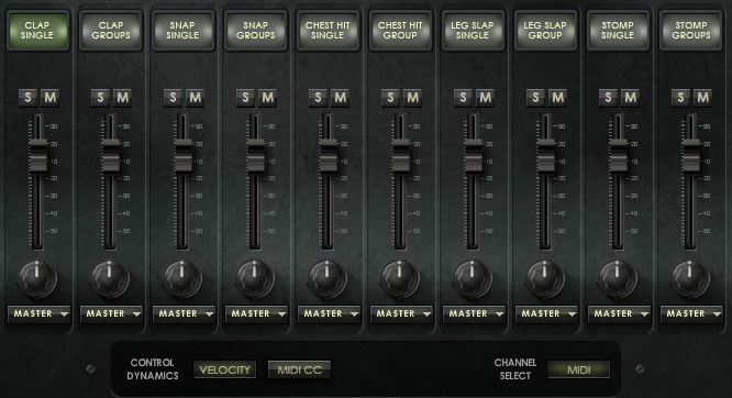 ミキサー・セクション。各音色がグループに分けられて並んでいる。例えば、“CLAP GROUPS”には“手のひらと手のひら”“拳と手のひら”などのバリエーションが含まれており、グループごとに音量やパン、ソロ・ミュートなどを設定できる