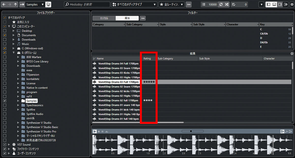 MediaBayの画面。左側のファイルブラウザーにパソコン内のデータが表示される。オーディオ・データを入れたフォルダーを作成しておいて、ファイル名の左のボックスにチェックを付けると、フォルダー内のファイルがMediaBayに読み込まれる。赤枠のRatingでファイルごとに星マークを付けられるので、好みの音色などに目印を付けて管理することが可能