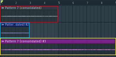 プレイリスト上で、4小節分のオーディオ・クリップ(赤枠)にタイム・ストレッチを施したところ。青枠のオーディオ・クリップは2小節(1/2倍)に、黄枠のオーディオ・クリップは8小節(2倍)になっている