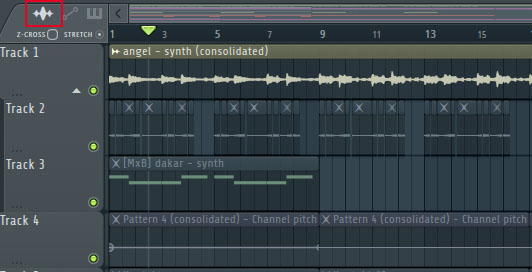 タイム・ストレッチを有効にするには、オーディオ・クリップを選択後、プレイリストの左上で“波形アイコン(赤枠)→STRETCH”とクリック
