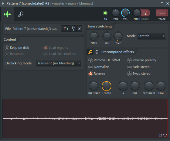 Reverseを施すには、任意のオーディオ・クリップをダブル・クリックしてChannel Samplerを開き、画面中央付近にある“Reverse”をオンにする。これで選択したオーディオ・クリップを逆再生させることができる