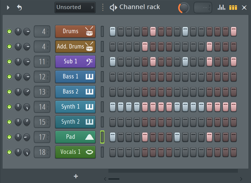 Channel rackはソフト音源やサンプル素材を格納する、いわばFL Studioの心臓部分のようなもの。各chにはパンやボリューム、ルーティング機能のほか、ステップ・シーケンサーやピアノロール画面などを装備する。Channel rackで作成したオーディオ・クリップやMIDIクリップと、プレイリスト上のそれらは常に連動している
