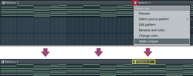 ake uniqueは、プレイリスト上にあるオーディオ・クリップやMIDIクリップを部分的に編集したいときに便利な機能。MIDIクリップの場合は左上にある鍵盤アイコン(赤枠)をクリックし、プルダウン・メニューから“Make unique”を選択する、新しいMIDIクリップ(黄枠)が作成される