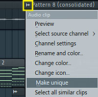 オーディオ・クリップでMake uniqueを適用する場合、オーディオ・クリップの左上にある波形マーク(黄枠)をクリックし、プルダウン・メニューから“Make unique”を選択する