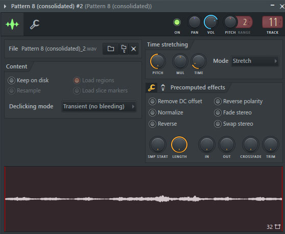 オーディオ・クリップのピッチを変更するには、Channel Samplerの“Time stretching”セクションにある“PITCH”を調整する。パラメーターは±1,200centsの間で調整できる