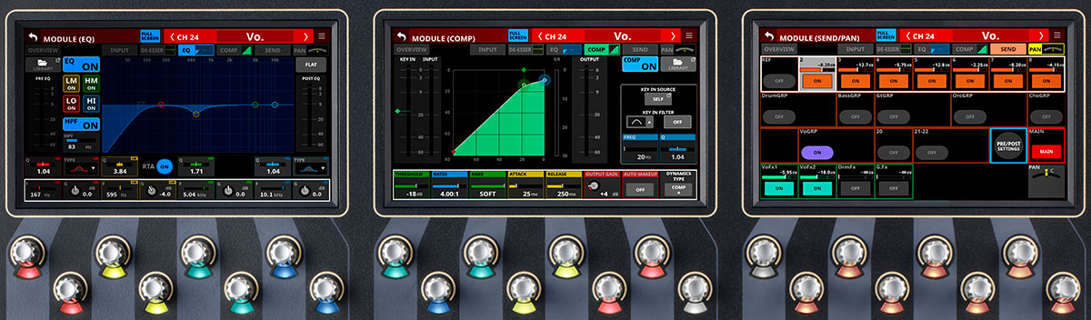タッチ・スクリーン上にあるFULL SCREENボタンをタップすると、選択したチャンネルのMODULE画面を３つのタッチ・スクリーンに表示させることができる。こうすることで、例えば“EQとコンプ”といったように同時に複数のエフェクトをタッチ・スクリーンに表示して調節することが可能となる