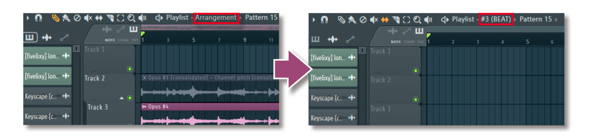 Arrangementを用いて新規Playlistの“#3（BEAT）”を作成したところ（赤枠）。このように上モノとドラムでPlaylistを使い分けたり、異なるアレンジを試したりしたいときに、Arrangementは有効である