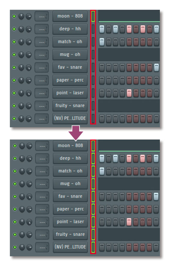 Channel rackにあるチャンネルを複数選択する方法は、任意のチャンネルのSelectボタンをクリックし、そのまま下方向へドラッグするだけ（赤枠）。この状態のまま任意のチャンネルのみを選択解除したい場合は、該当するSelectボタンをCtrl＋Shift＋左クリック（MacではShift＋クリック）するとよい