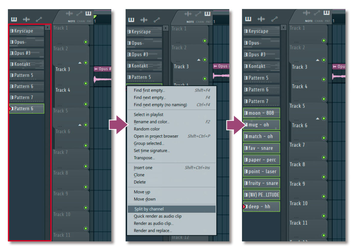 Playlist左端にあるPicker Panel（赤枠）から、Channel rackで打ち込んだドラムのシーケンスを格納したPattern（ここではPattern 6）を右クリック（Macではcontrol+クリック）後、ポップアップ・メニューから“Split by channel”を選択すると、Patternに格納されたドラム・パーツがPicker Panel内に新規Patternとしてそれぞれ作成される