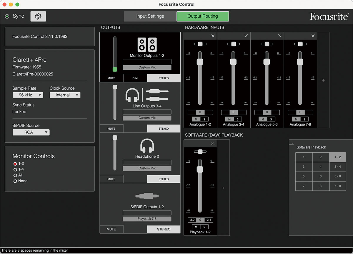 Focusrite ControlのOutput Routing画面。出力先がイラストで表示されるなど、ルーティングの設定を認識しやすいDSPミキサーだ