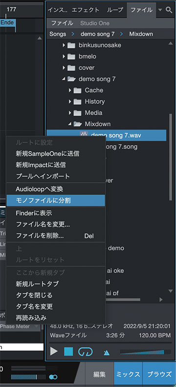 MS Transformをかけた音声は、オーディオに書き出してからブラウズ内で“モノファイルに分割”。MidとSideの各ファイルが同じフォルダーの中に生成されます。前者のファイル名末尾には“L”、後者の末尾には“R”と付きます