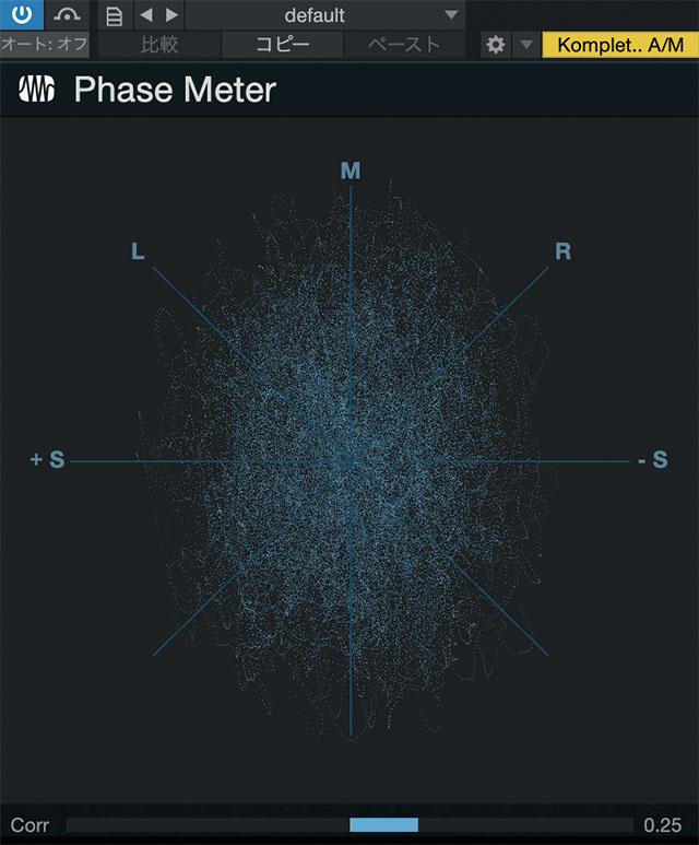 Sideの調整は、S1のPhase Meterを見ながら行います。私の場合、M/S処理をしなければ中央に寄った細長いグラフが現れるのですが、Sideをうまくコントロールできれば、画面のように奇麗な円形になります