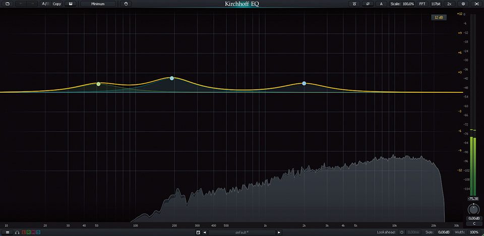 ❶EQでプラス・ゲイン：マスターに挿したTHREE-BODY TECH Kirchhoff-EQで50Hz、190Hz、2kHzをプラス・ゲイン