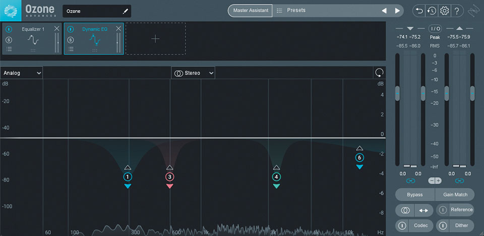 ❷ダイナミックEQでマイナス・ゲイン：IZOTOPE OzoneのダイナミックEQで2kHzをマイナス・ゲインして、動きの中で大きくなりすぎたところを下げる。