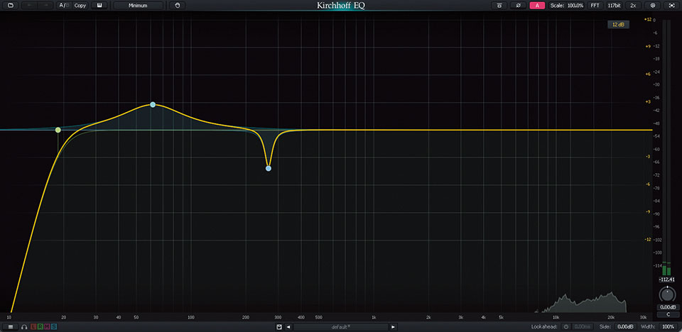 ❷EQでローカット：Kirchhoff-EQで19Hz以下をローカット。61Hz辺りを＋3dB程度、260Hz辺りを−4dB程度調整している