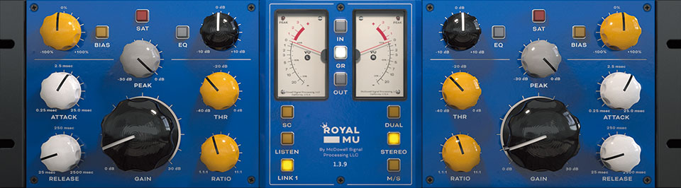 ❸アナログ処理のコンプを適用：アナログ・プロセッシングを行うMCDSP APB-8の専用プラグインRoyal Muで薄くコンプをかける。さらに、キックをトリガーしたサイド・チェインでキックと共存できるように調整している