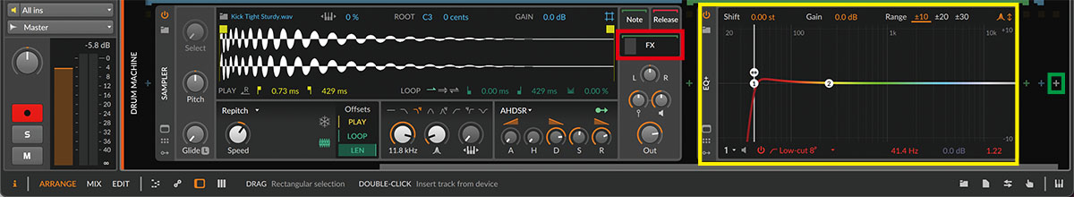 SamplerのFXボタン（赤枠）をクリックすると、そのSamplerのサンプルのみにかけられるエフェクトを設定できる。ここではイコライザーのEQ＋（黄枠）で41.4Hz以下をカットしている。なお、Drum Machine全体にかけるエフェクトを設定したい場合は白い＋ボタン（緑枠）をクリックする