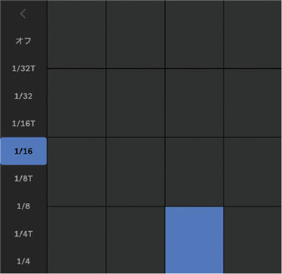 画面⑥ リピート機能を表示した状態。左端で音符を選ぶとパッドを押している間、その音符で連打される