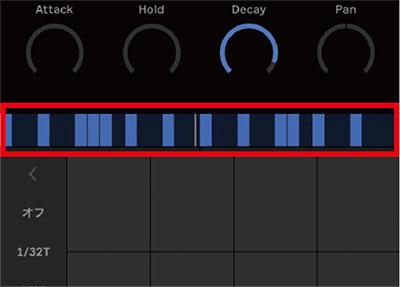 画面⑧ 上段がピアノロール部で、下段は編集機能。MIDIノートをタップしたり、指をスワイプして範囲選択してから編集作業を行う。トランスポーズ、ナッジ、クオンタイズ、ベロシティの変更などを行える。赤枠の小節数部分では小節のコピー、削除、ループ範囲の設定が可能