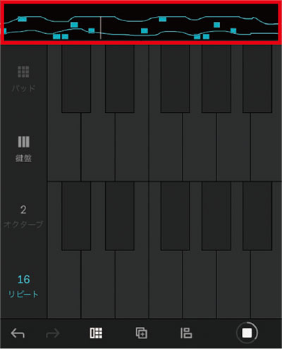 画面⑨ パッドを鍵盤表示にした状態。赤枠部分はオートメーションが記録されている様子