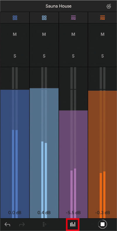 画面⑩ ミキサー画面。赤枠のアイコンをタップして表示する