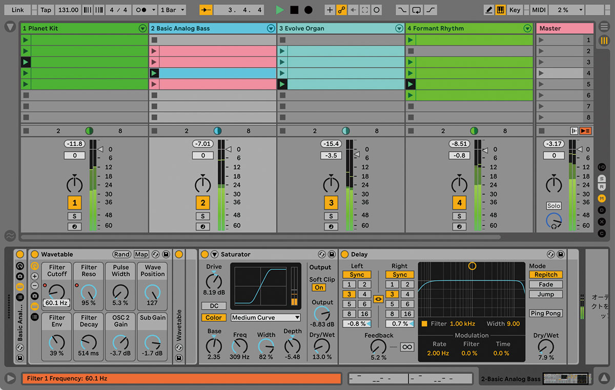 画面⑫ NoteのセットをLiveへ読み込んだところ、ベータ版のためまだ一部の互換性がないものの、エフェクトやクリップ、オートメーションは再現されていた