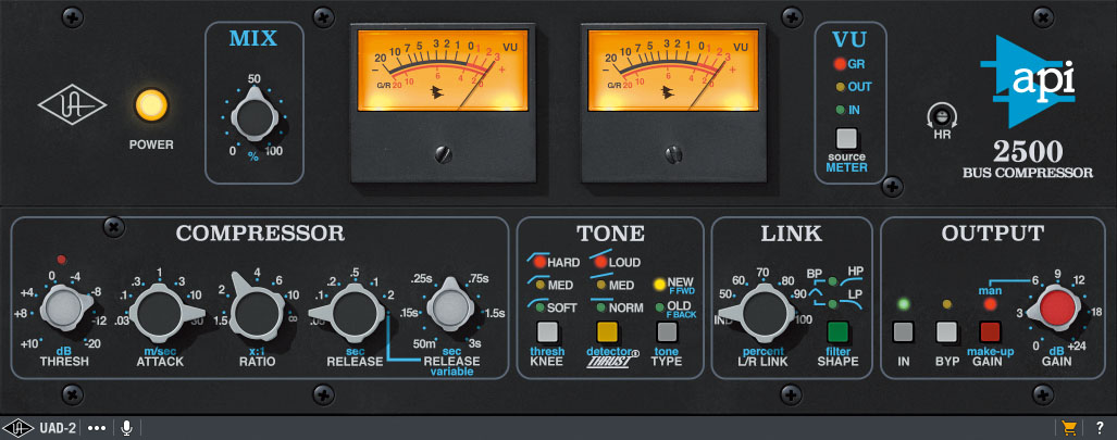 ドラムのキックやスネアに用いられたUADプラグインのUNIVERSAL AUDIO API 2500 Bus Compressor。井上が多用するコンプレッサー・プラグインの一つだそう