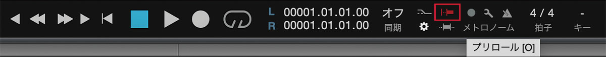 録音を開始させたいポイントの1小節前から再生する機能=プリロールは、トランスポート・セクションのスイッチでオンに(赤枠)。“1小節前”というのは初期設定で、メトロノーム設定画面から最大16小節に伸ばすことができる