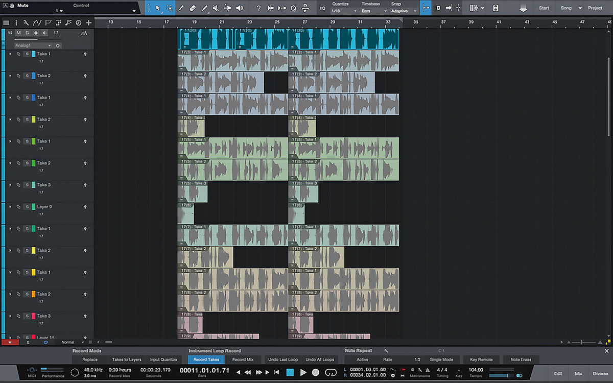 “テイクをレイヤー化”を有効にすると、テイクの録りため〜ベストな部分を選んでつなぎ合わせるコンピング作業が簡単にできるように。録りためたテイクは、オーディオ・トラックの下に並ぶ形で“レイヤー”として保存される