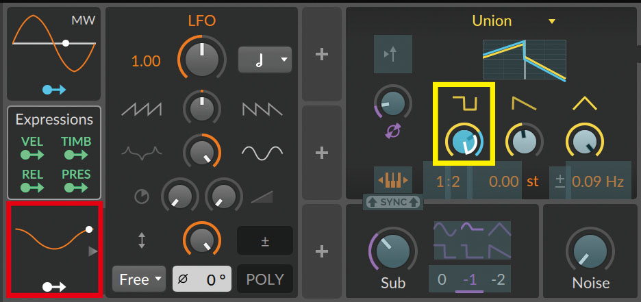 赤枠が追加したLFOデバイス。この部分をクリックすると右側に詳細なパラメーターが表示される（黄枠）。このLFOはパルス波のボリューム・ノブにアサイン