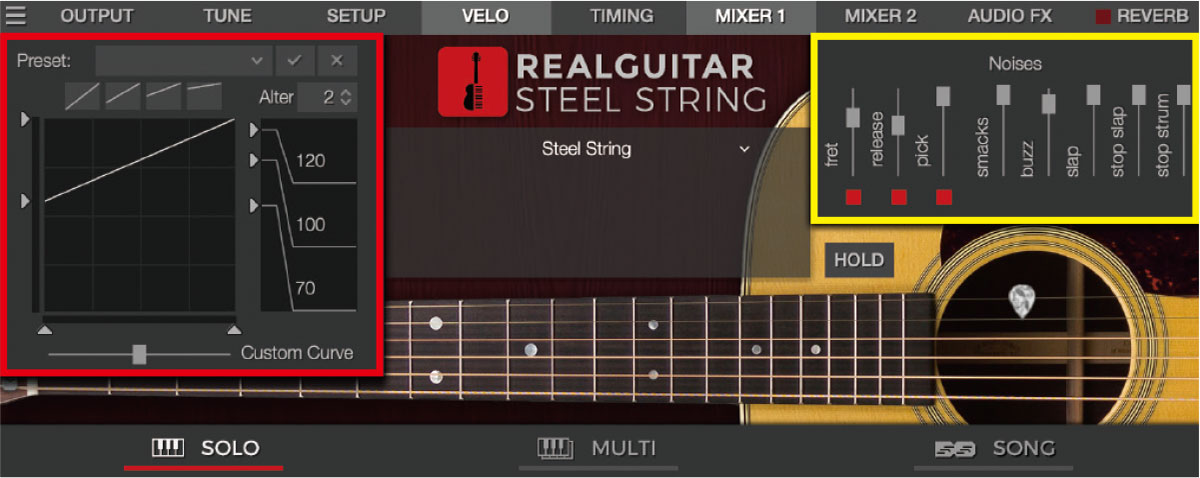 VELOタブの画面（赤枠）とMIXER 1の画面（黄枠）を開いたところ。前者ではベロシティ・カーブ、後者では各種のノイズ音量を設定できる