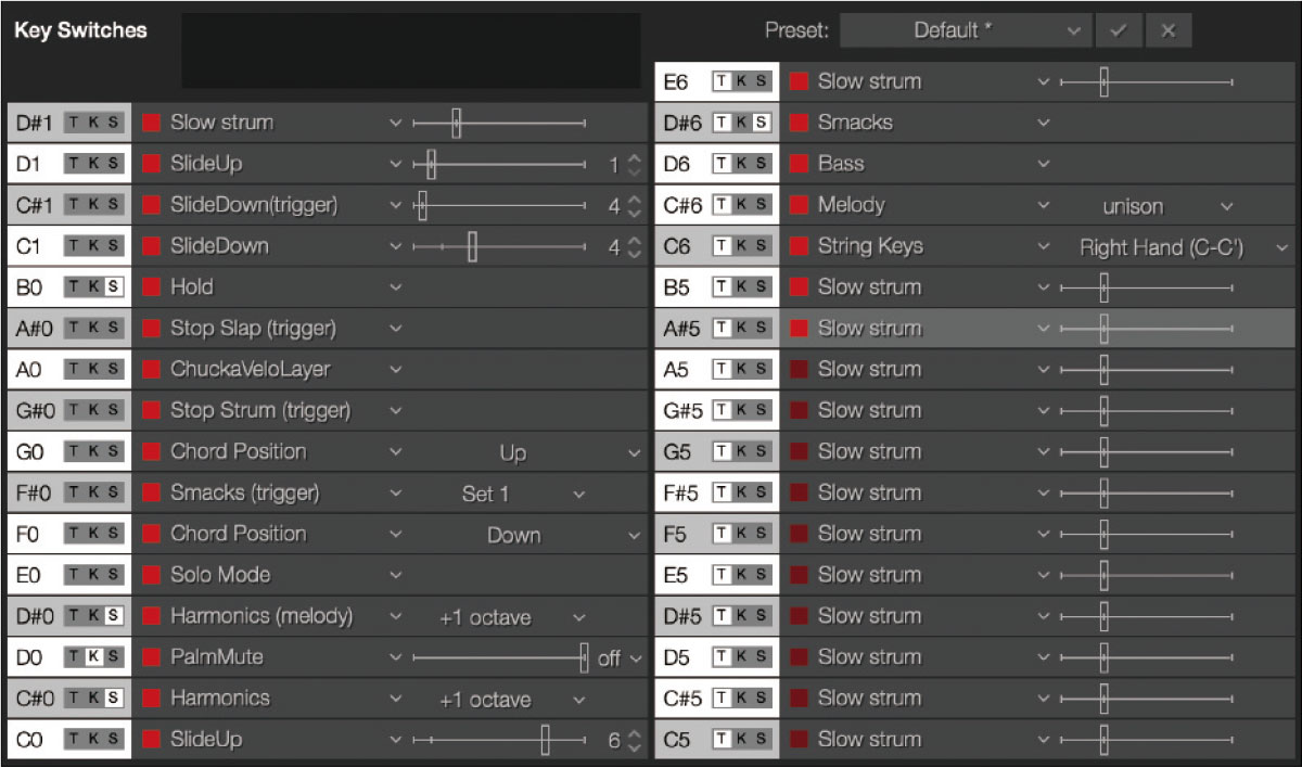 キー・スイッチの設定画面。ストラミングのスピード変更やスライド・アップ／ダウン、ハーモニクスなど多彩な項目を用意