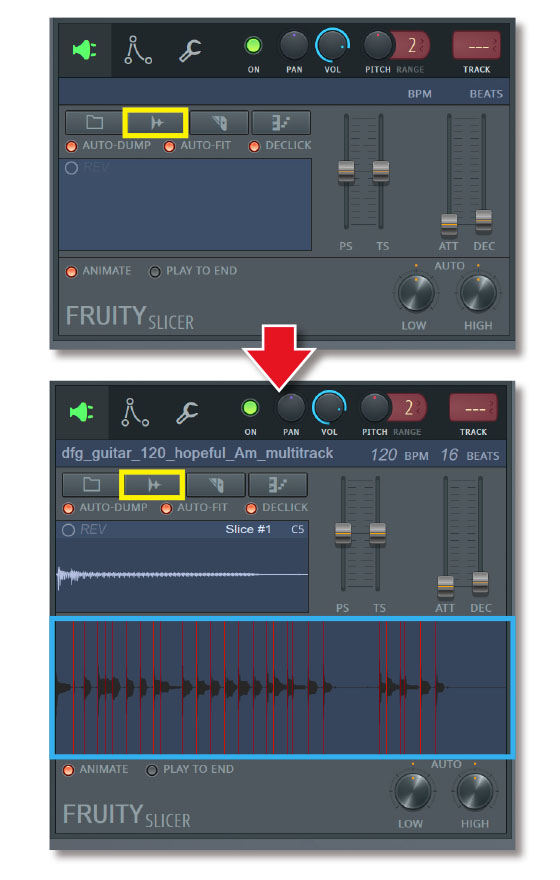 IMAGE-LINE FL Studioに付属するプラグインFruity Slicer。画面中央のウィンドウにスライスしたいオーディオ・ファイルをドラッグ＆ドロップするだけで、オーディオ・ファイルを自動スライスし、それらをMIDIに書き出してくれる（青枠）。なおオーディオ・ファイルは、ウィンドウの上部にある波形アイコン（黄枠）からロードすることも可能だ