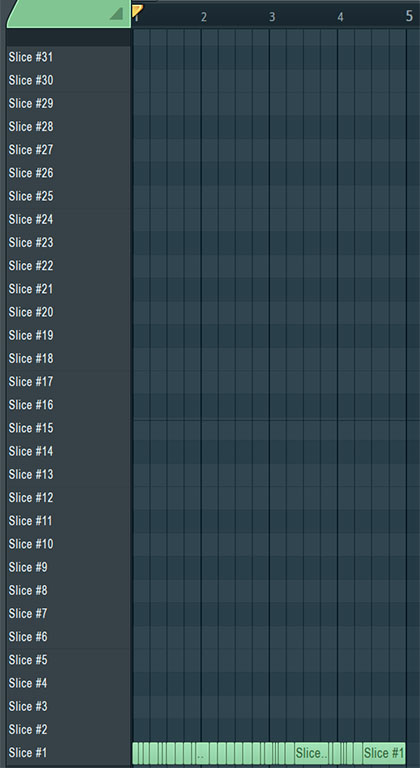 “Flatten（groove）”を選択すると、スライスされたすべての音はピアノロールの“Slice #1”上に並ぶ。オーディオ・ファイルのリズムを抽出することができるため、パーカッション系のサウンドを作りたいときに役立つという