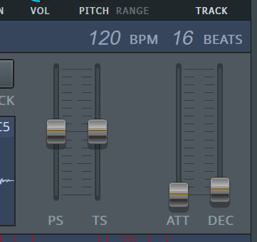 Fruity Slicerは、画面右上に“PS/TS/ATT/DEC”という４つのフェーダーを搭載。PSはピッチ・シフト、TSはタイム・ストレッチ、ATTはアタック、DECはディケイのパラメーターとなっている