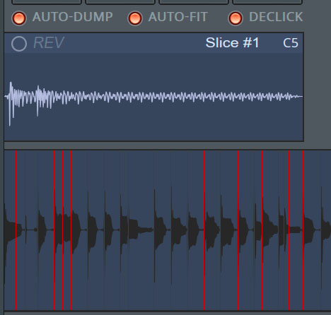 Fruity Slicer画面の下部にあるウィンドウから、スライスされた波形の一つを選択し、上部にある“REV”をオンにすると、選択した波形部分を逆再生させることができる。オーディオ・チョップのフレーズにアクセントを付けたいときなどに効果的だ