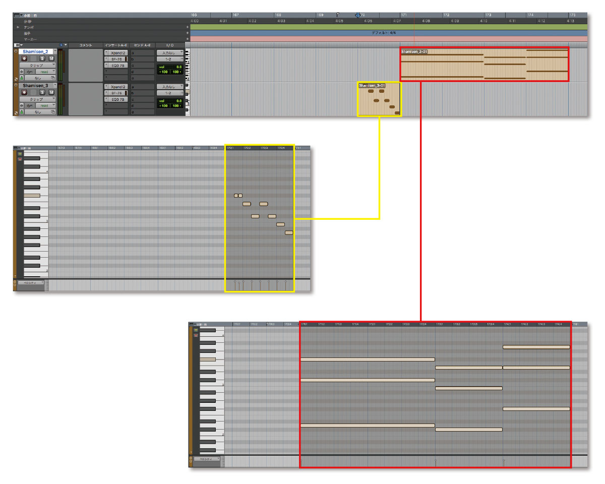 画面は2トラックとも三味線のトラック。赤枠がAメロ後半から始まるアルペジオ・パターン用で、黄枠はそのアルペジオが自然に始まるように作ったアルペジオを使用しない予兆フレーズ